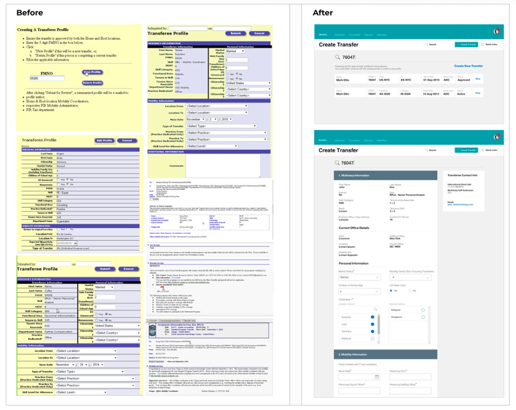 Before and after — old forms vs new redesigned interface and dashboards