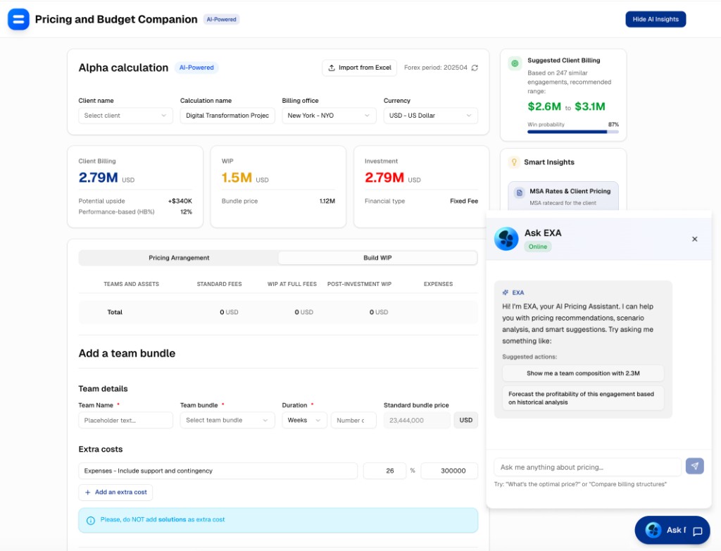 PBC AI-Powered Pricing and Budgeting tool — product interface with EXA AI assistant
